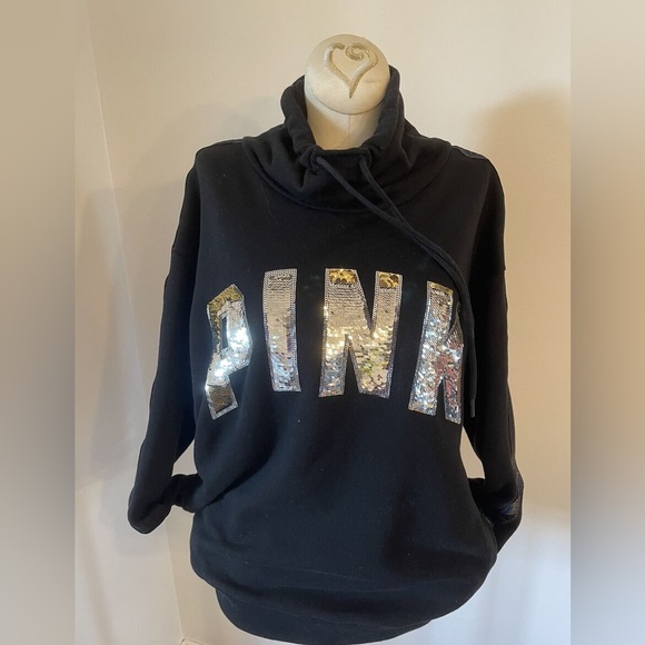 VICTORIAS SECRET PINK COWL NECK PULLOVER HOODIE FASHION SHOW 2018 RAINBOW SEQUIN - Picture 2 of 4